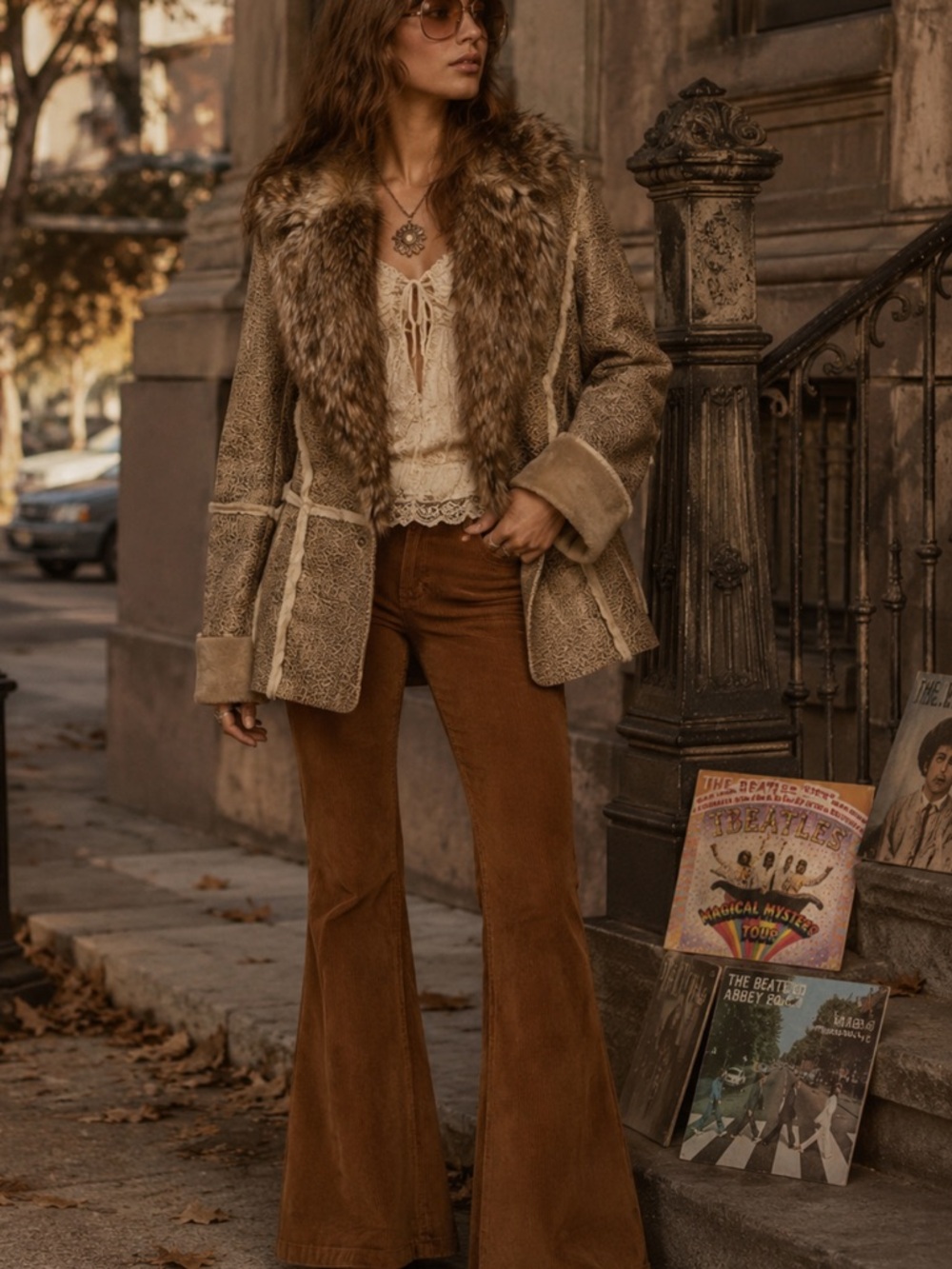 Retro Allen B Womens Y2K Penny Lane Fur Trim Coat Sz M Patchwork Seam Boho Brown
